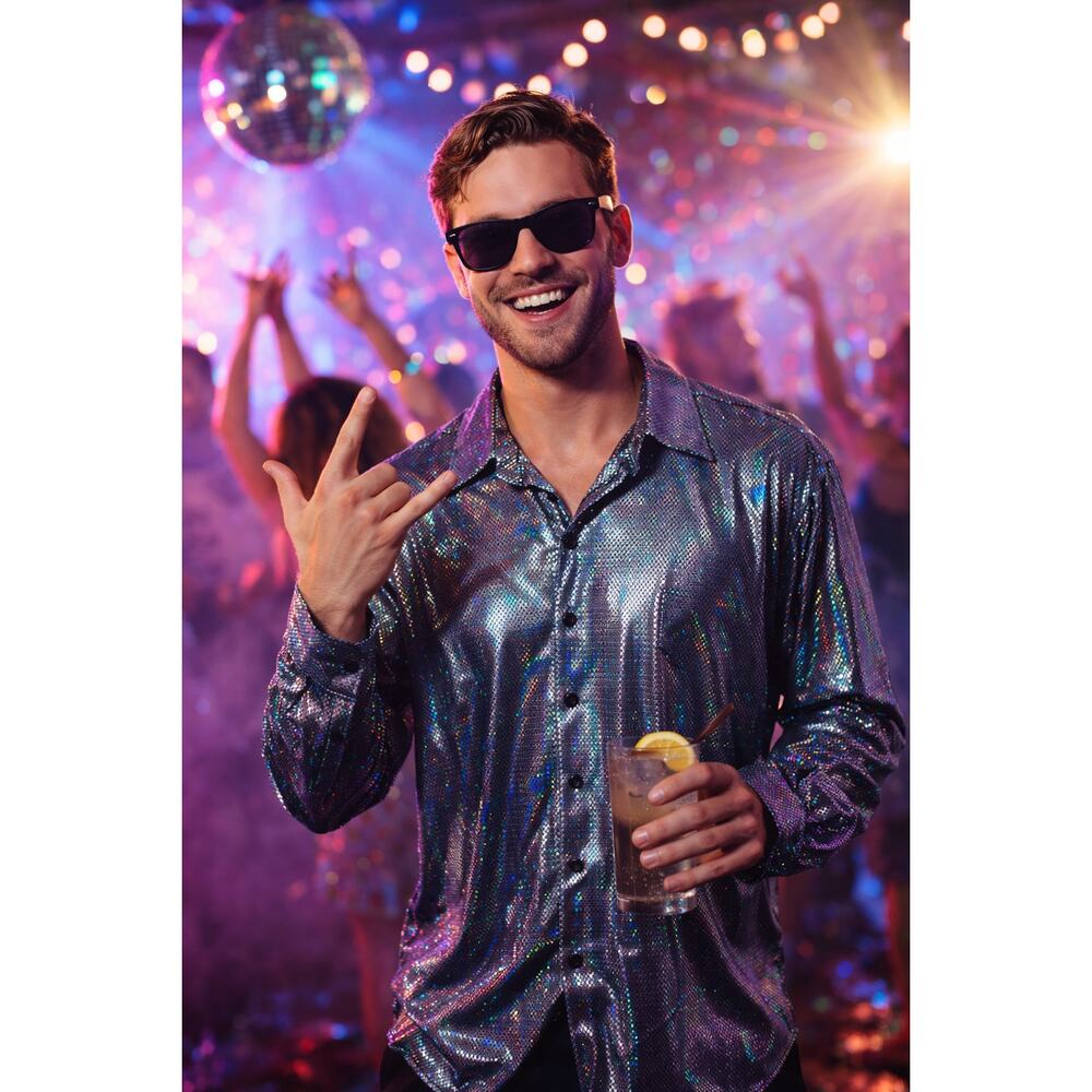 Charades Metallic Silver Disco Shirt 1X Button Down 70s Party Costume